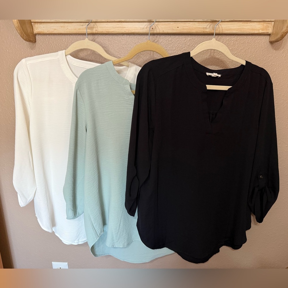 3 Maurice’s brand 3/4 length Atwood Popover Blouses, size large, gently worn.